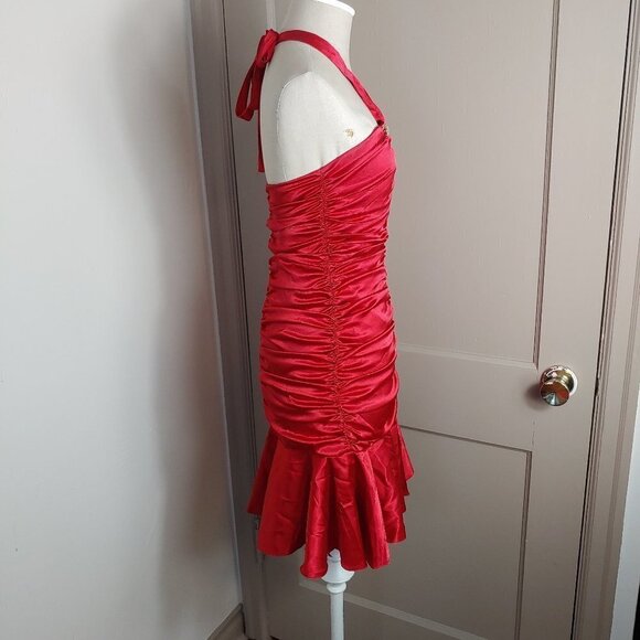 Vintage Jessica McClintock Dress Halter Satin Strapless Ruched Faux Diamonds 80s - Picture 2 of 7